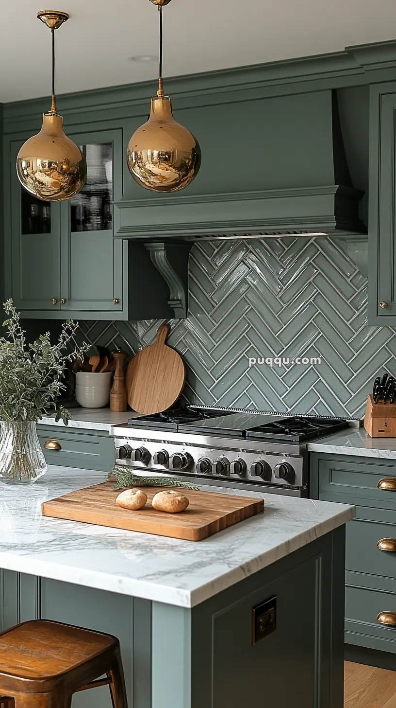 Stylish kitchen with green cabinets, herringbone tile backsplash, stainless steel stove, marble countertops, wooden cutting board, gold pendant lights, and a vase of greenery.