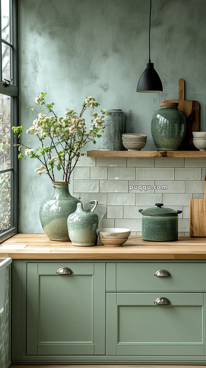 A kitchen with light green cabinets, wooden countertop, white subway tile backsplash, decorative vases with flowers, and a dark hanging pendant light.