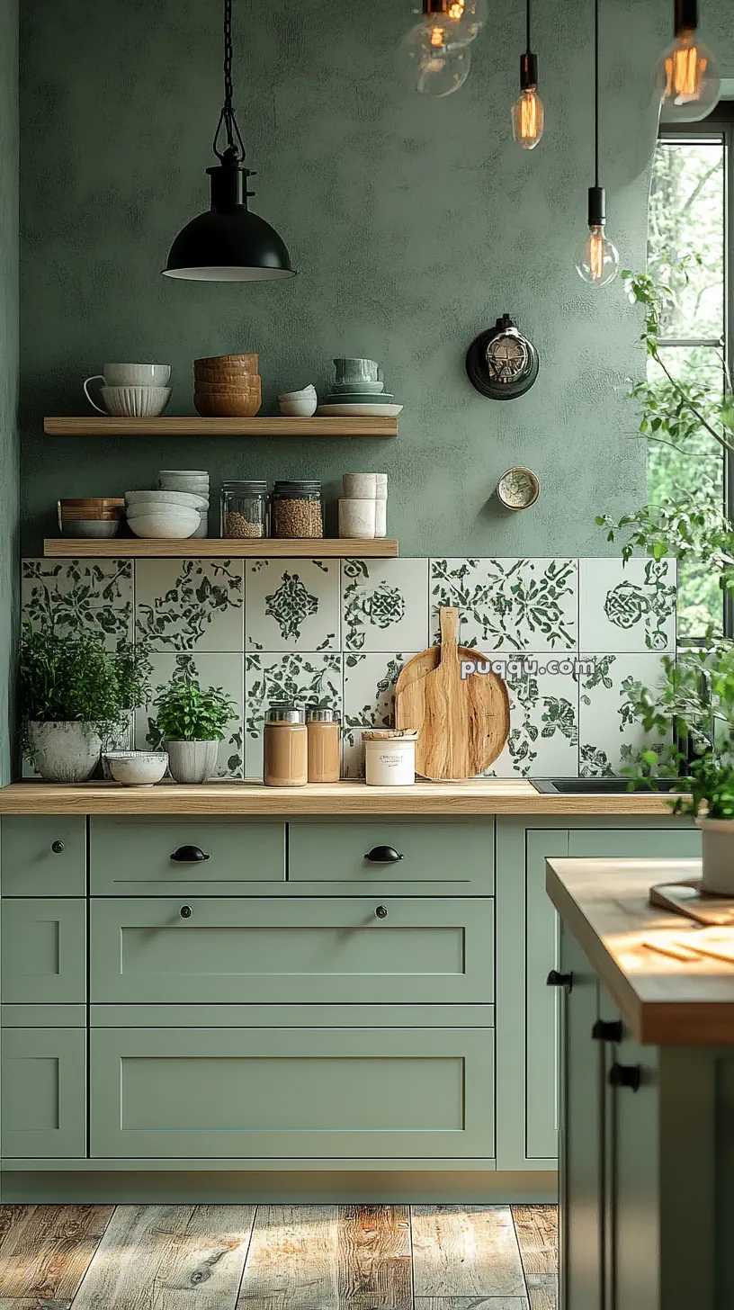 Cozy kitchen with mint green cabinets, wooden countertops, patterned tile backsplash, potted herbs, open shelves with bowls and jars, and hanging industrial-style light bulbs.