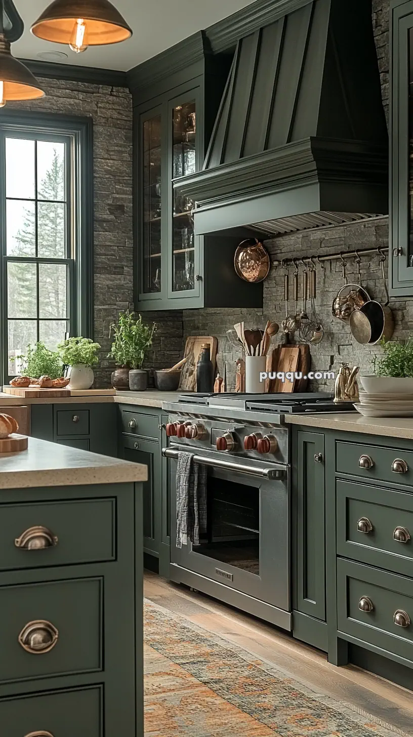 A cozy kitchen with dark green cabinetry, a stone backsplash, and copper cookware.