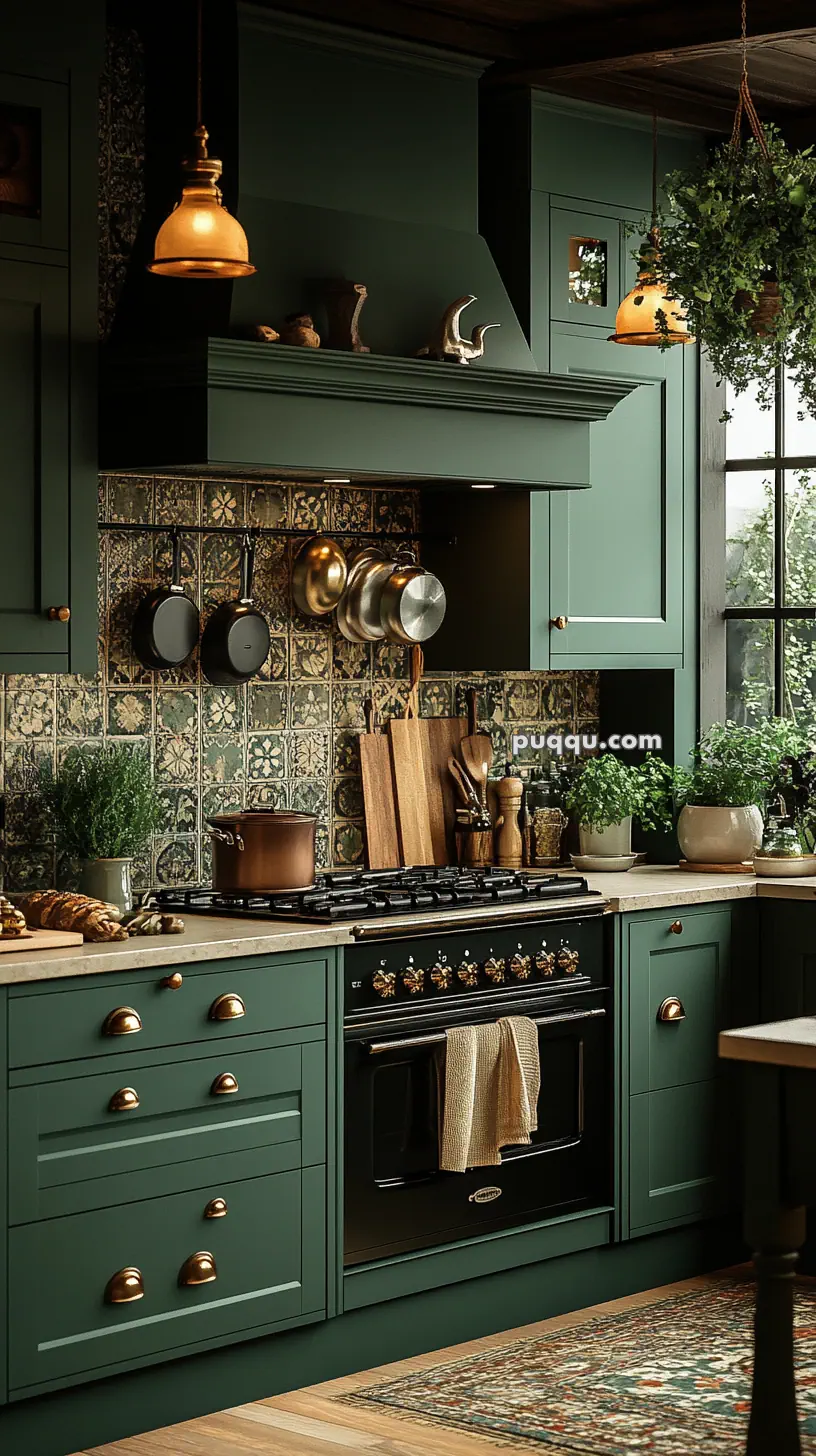 Cozy kitchen with dark green cabinets, patterned tile backsplash, hanging copper pots, and a black oven.