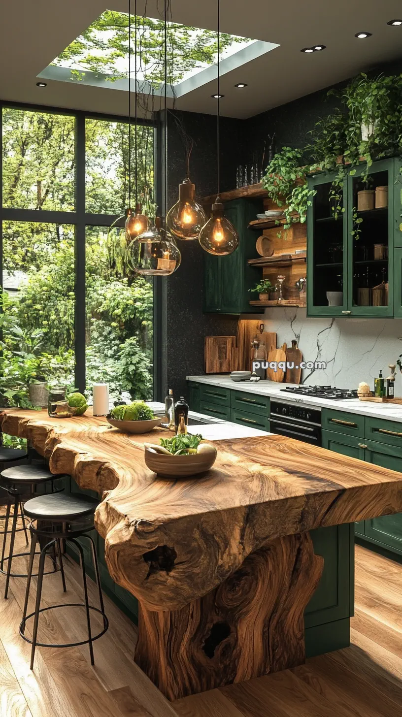 A modern kitchen with a large skylight, featuring dark green cabinets, a natural wood countertop, pendant lights, and greenery.