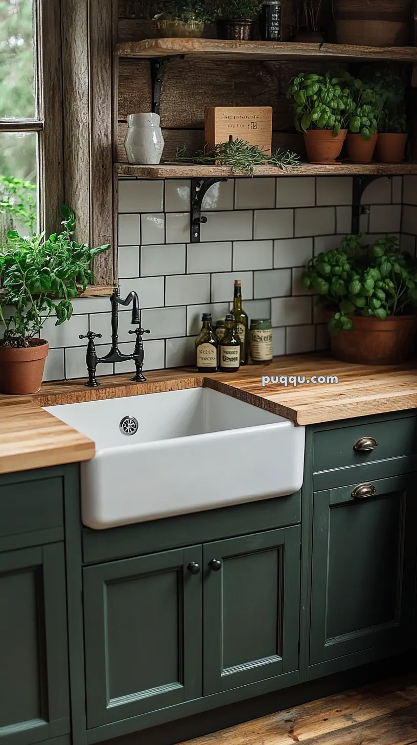 Rustic kitchen sink with green cabinets, wooden countertops, potted plants, and bottle decor on the counter and shelves.