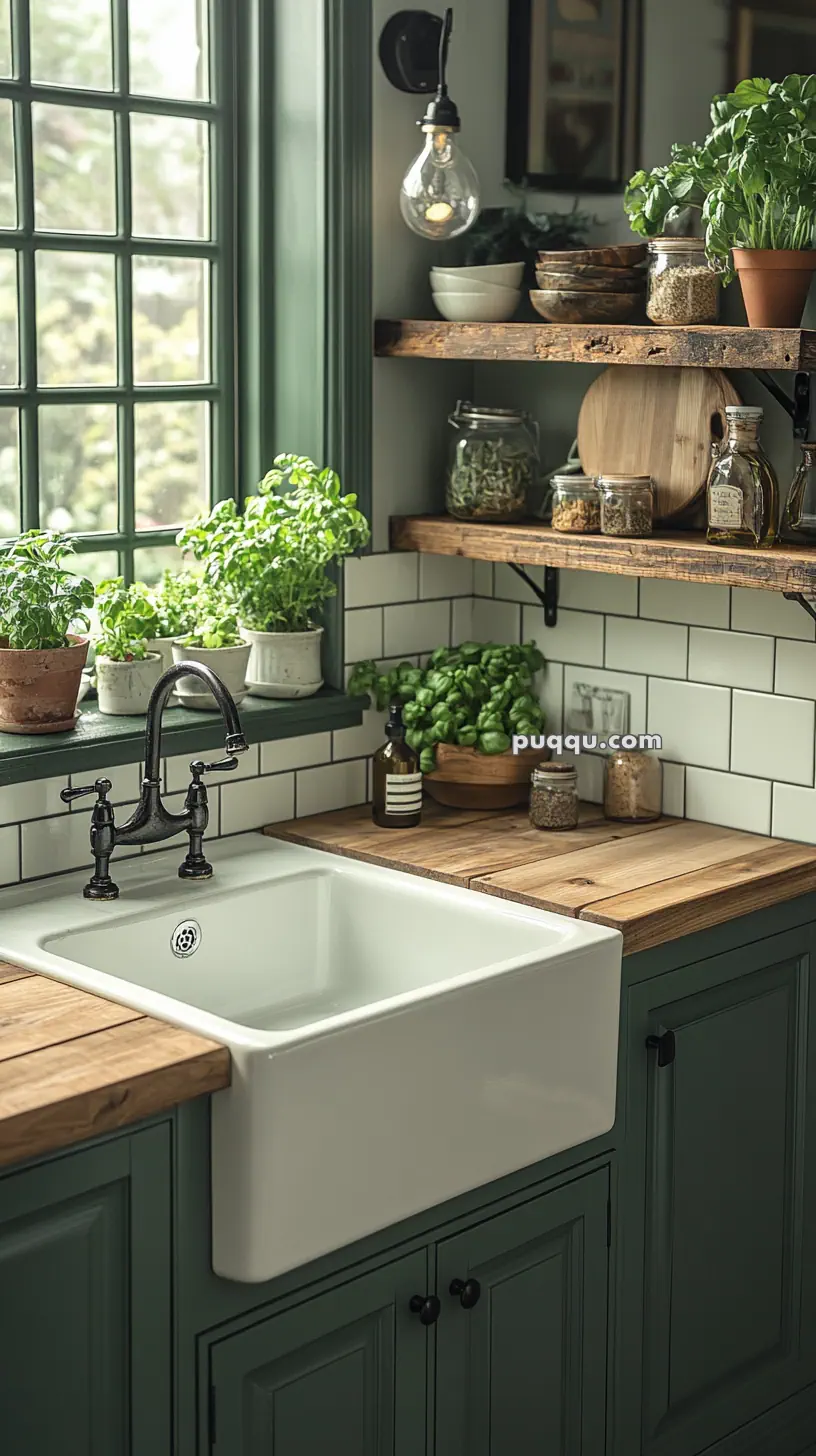 Cozy kitchen with a farmhouse sink, wooden countertops, potted herbs, and rustic shelves with jars and cutting boards.