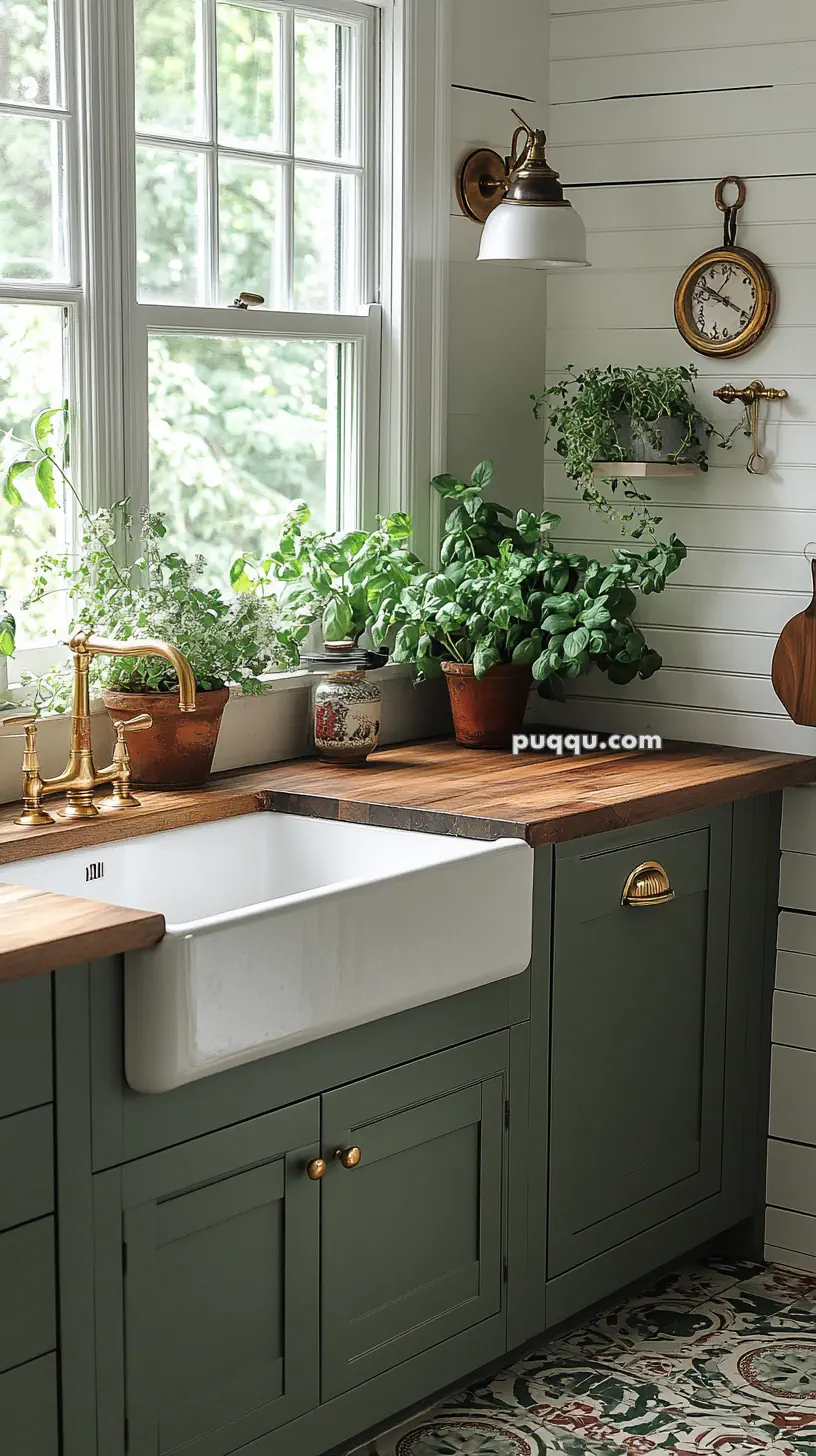 Kitchen with green cabinets, white farmhouse sink, wooden countertops, plants on the windowsill, a brass faucet, and a wall-mounted clock.