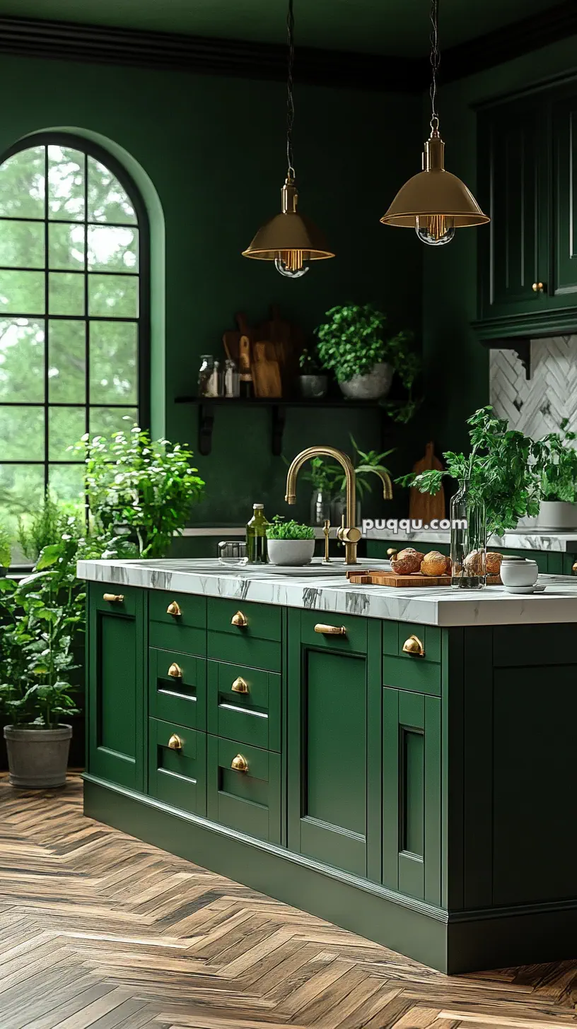 A stylish kitchen with dark green cabinets, marble countertops, potted plants, and wooden accents, featuring a large window and pendant lighting.