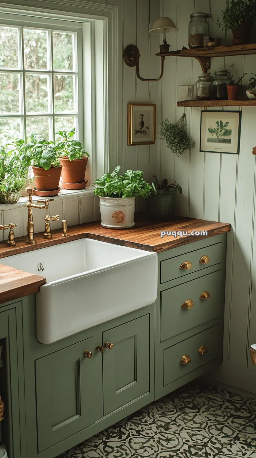 Cozy kitchen corner with a farmhouse sink, green cabinetry, brass hardware, and windowsill plants.