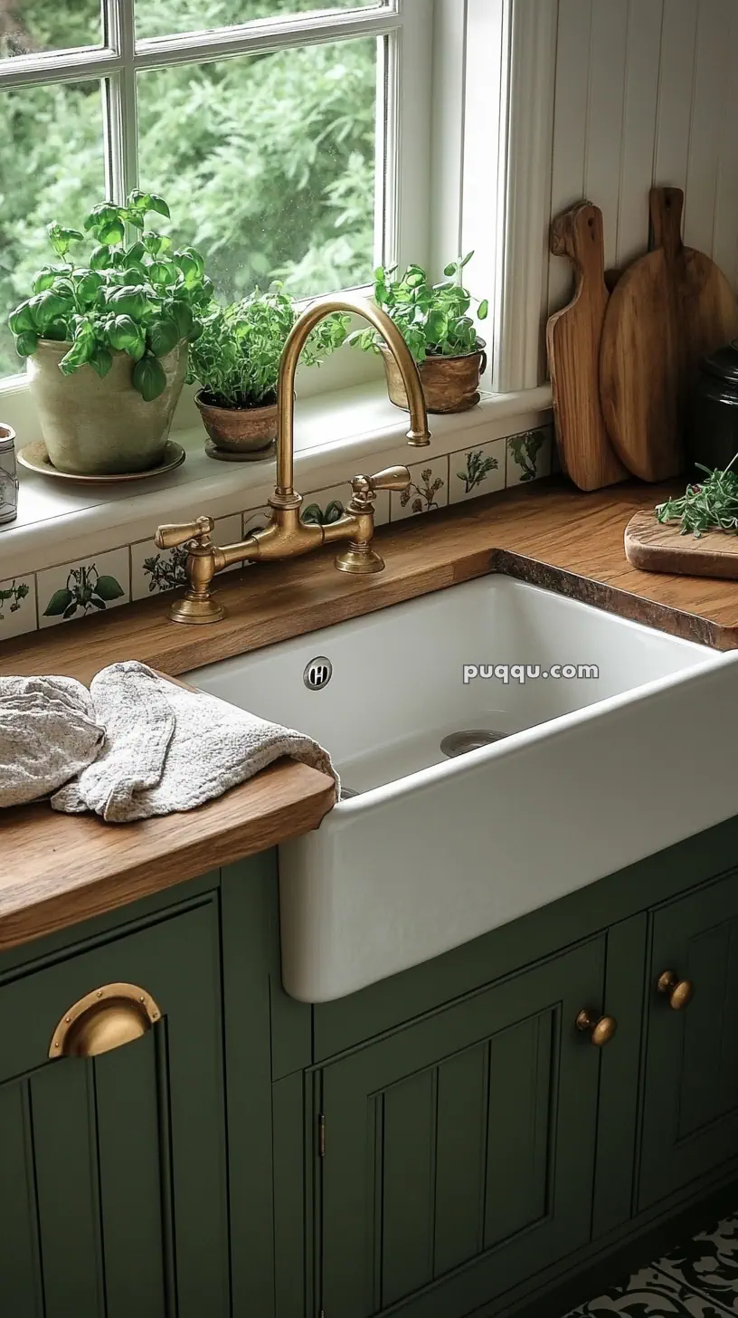 A rustic kitchen sink area with a gold faucet, wood countertop, and green cabinets, featuring potted herbs on the windowsill and wooden cutting boards.