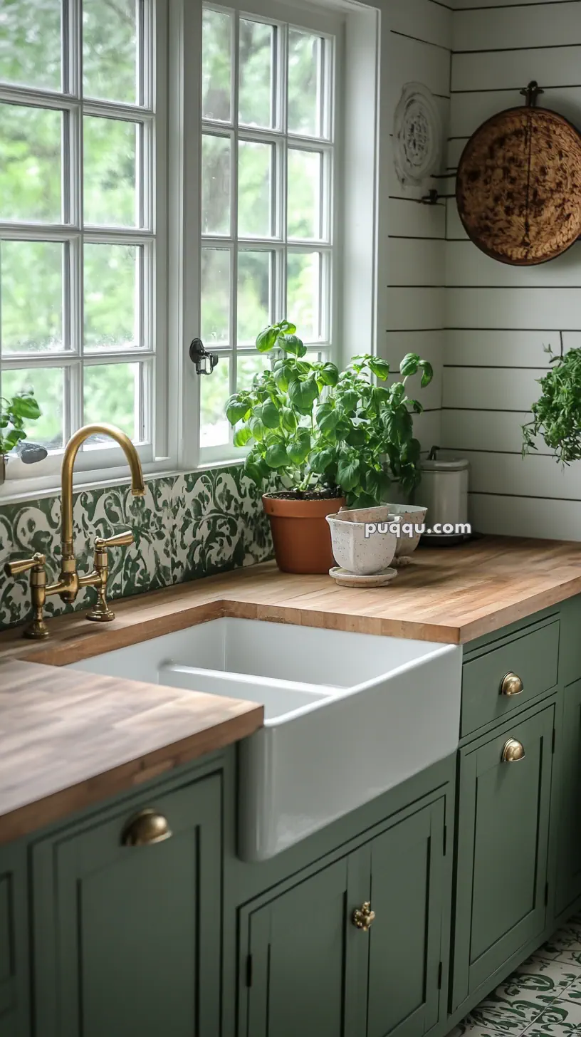 Rustic kitchen with green cabinets, a farmhouse sink, wooden countertops, and potted plants on the windowsill.