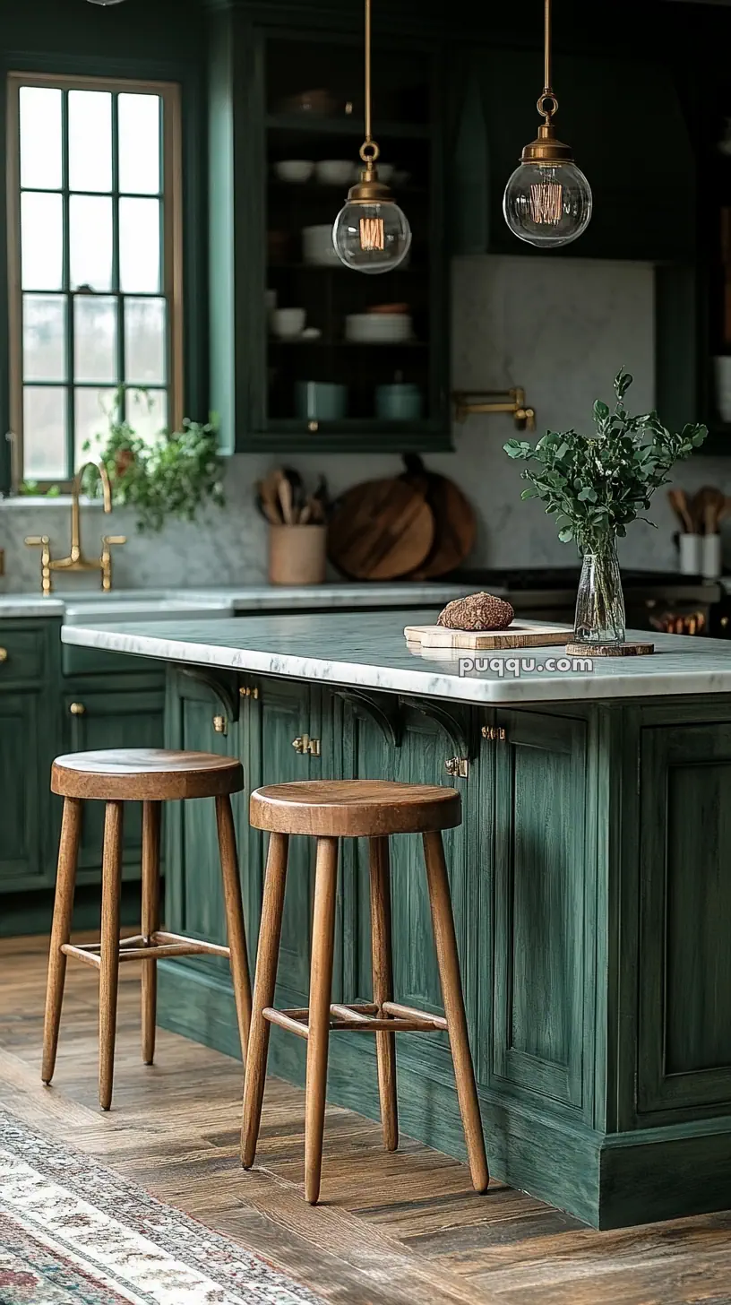 A kitchen with dark green cabinets, marble countertops, wooden stools, hanging pendant lights, and a vase with greenery.