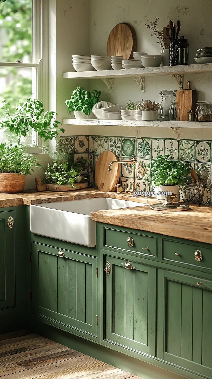 A cozy kitchen with green cabinets, wood countertops, a farmhouse sink, and decorative tile backsplash. Shelves hold white dishes, jars, and herbs.