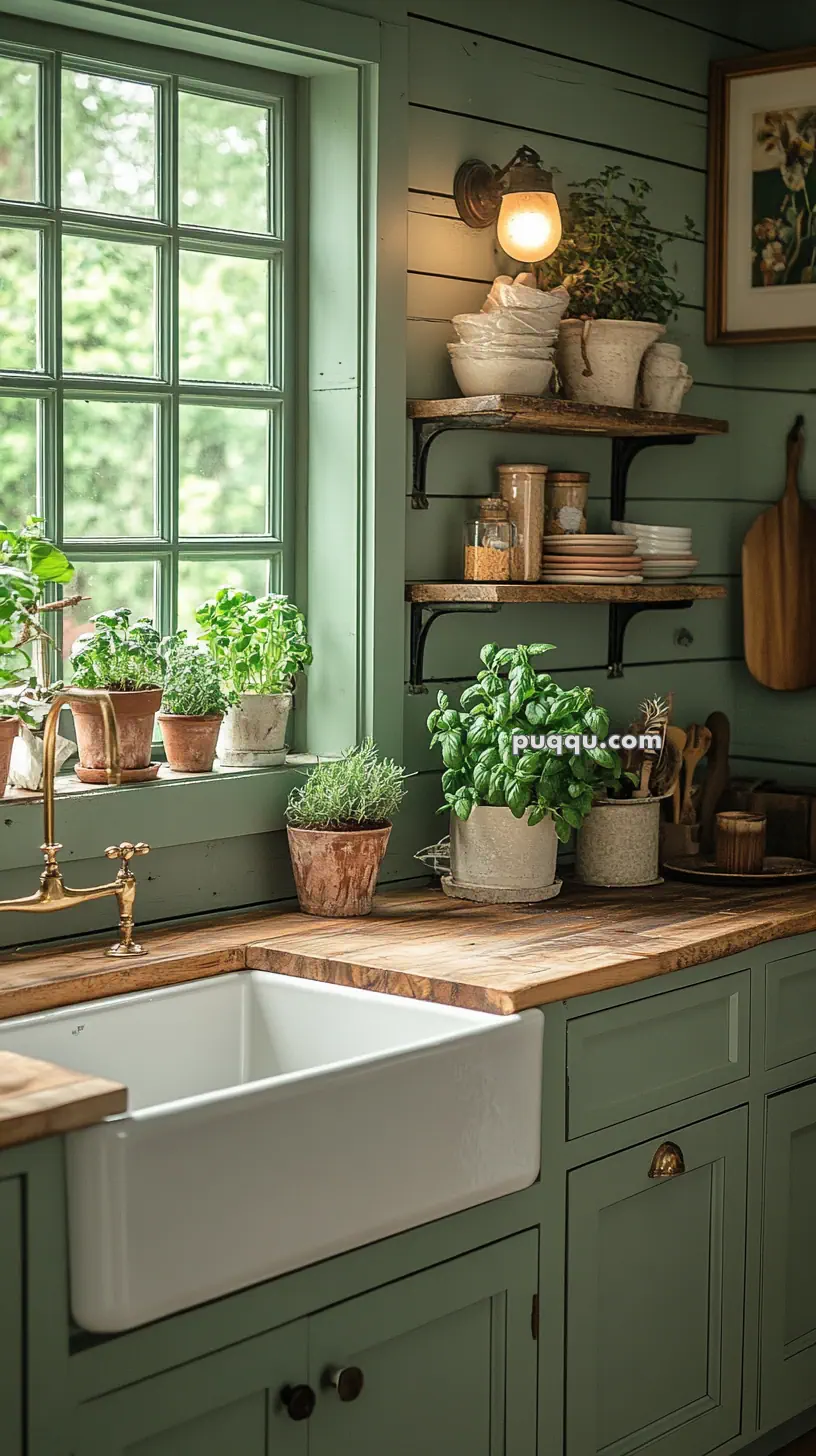 Rustic kitchen with a wooden countertop, green cabinets, and a farmhouse sink. Shelves hold pots with herbs and kitchenware, and a window adds natural light.