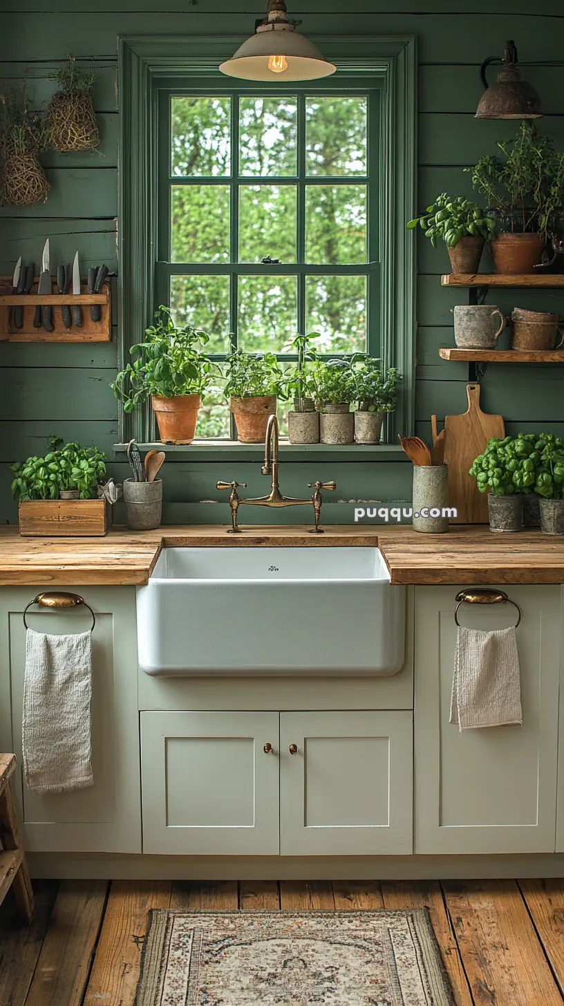 Rustic kitchen sink with brass faucet, surrounded by potted herbs, against a green shiplap wall and wooden countertop.