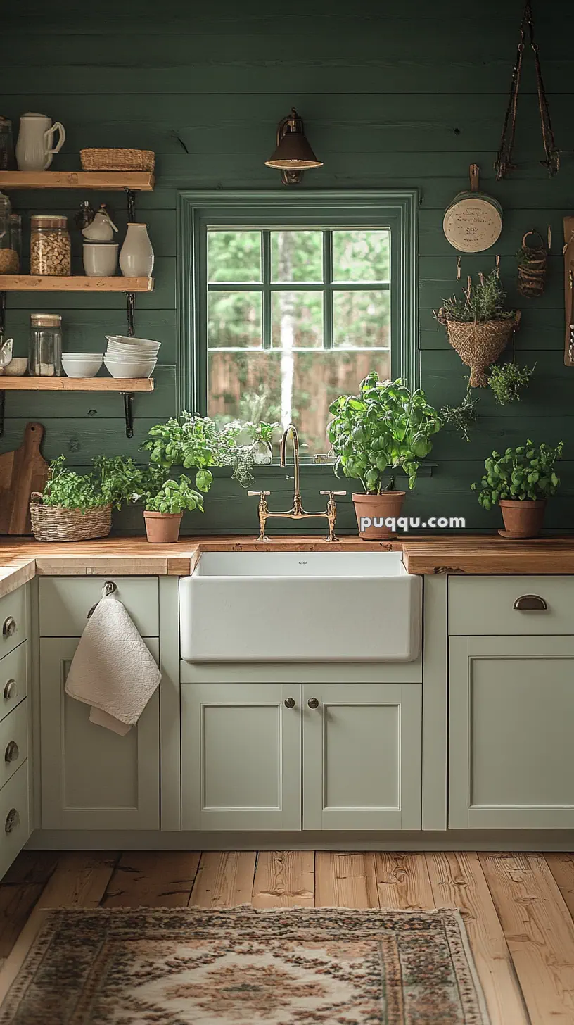 Rustic kitchen with green cabinets, wooden countertops, a white farmhouse sink, and potted plants on the windowsill.