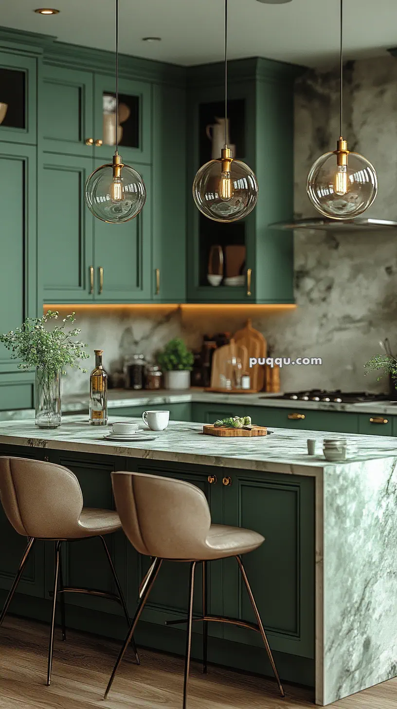 Modern kitchen with green cabinets, marble countertops, pendant lights, and bar stools.