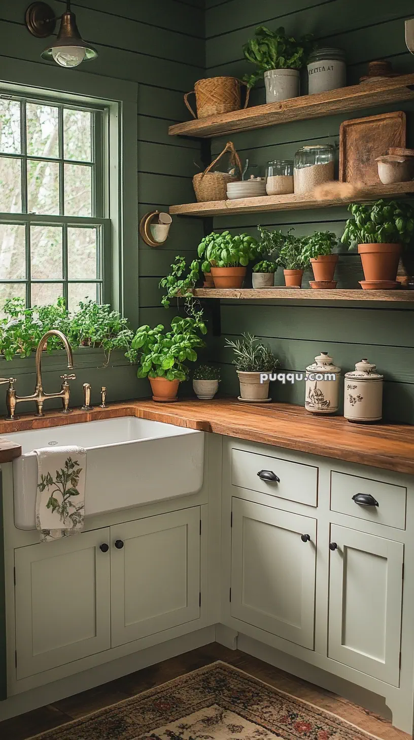 Cozy kitchen with a farmhouse sink, wooden countertop, green cabinets, and open shelves displaying herbs and canisters.