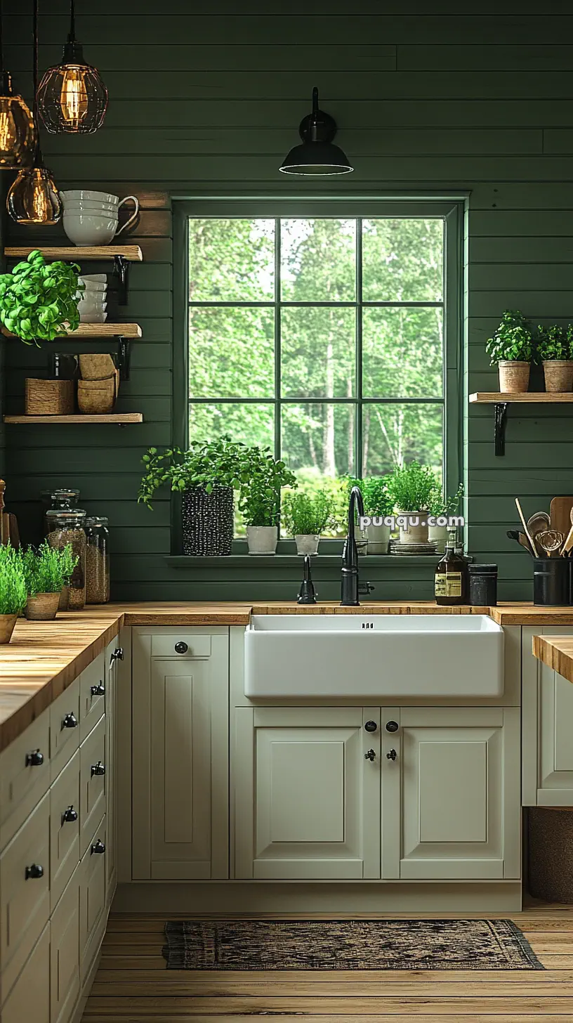 Cozy kitchen with dark green walls, wooden countertops, white farmhouse sink, and potted plants on shelves and windowsill.