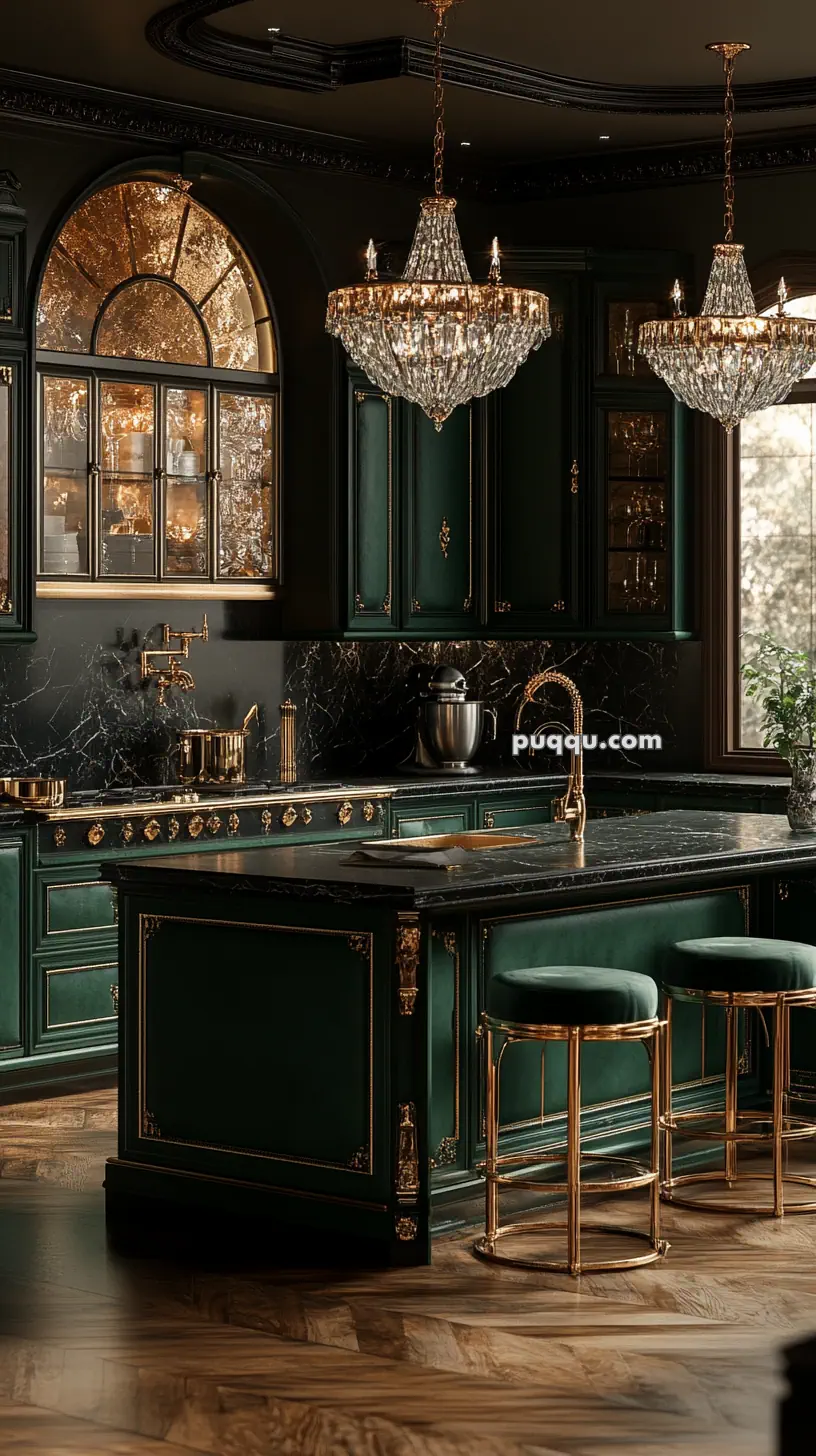 Luxurious kitchen with dark green cabinetry, gold hardware, crystal chandeliers, and a black marble countertop.