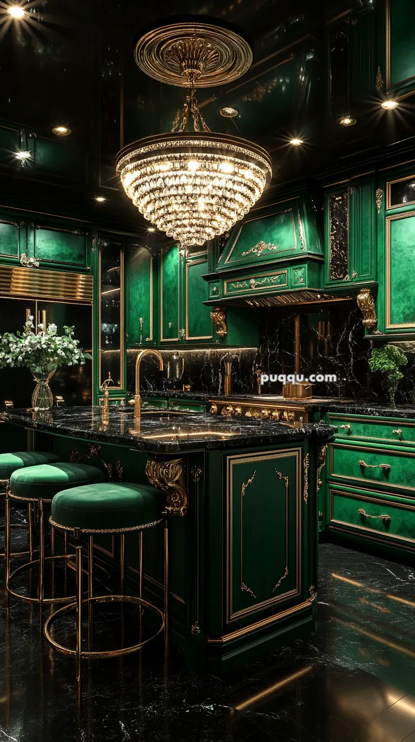 Luxurious kitchen with emerald green and gold accents, featuring ornate cabinetry, a marble island, green bar stools, and a large crystal chandelier.