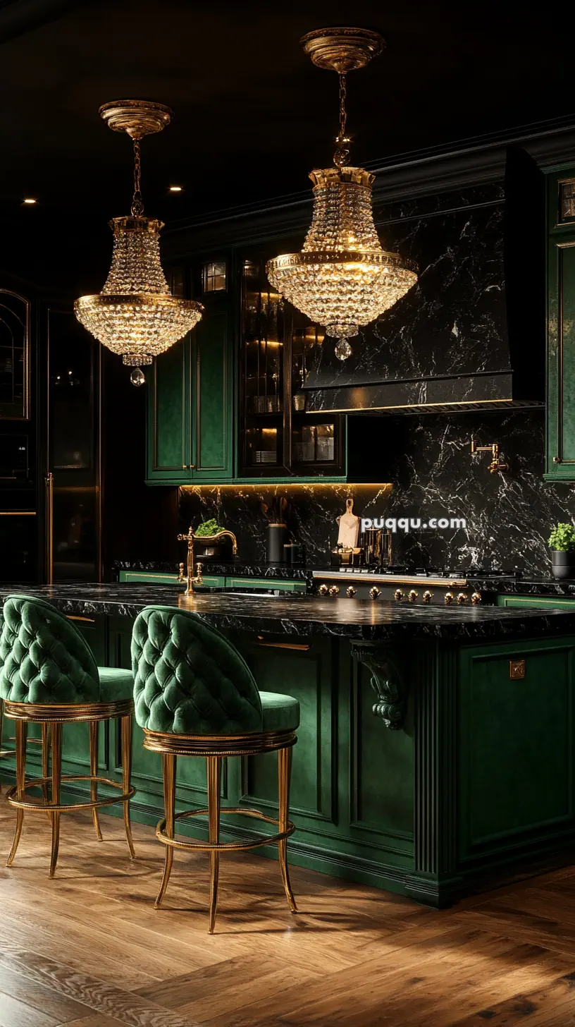 Luxurious kitchen with dark green cabinetry, marble countertops, ornate chandeliers, and tufted green barstools on hardwood flooring.