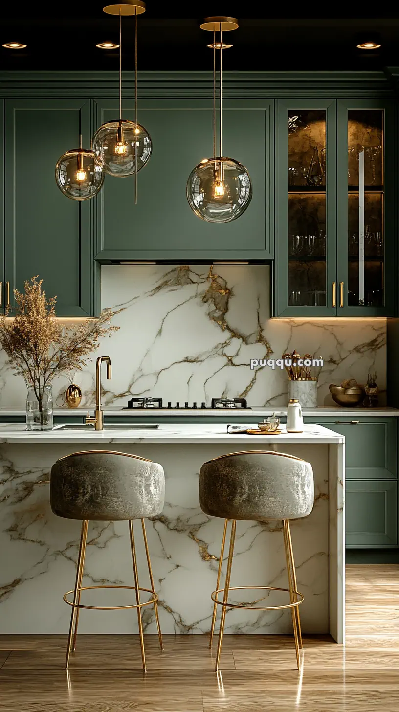 Luxurious kitchen with green cabinets, marble backsplash, and countertop, featuring gold accents and globe pendant lights.