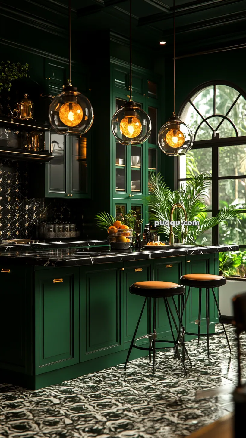 Luxurious kitchen with dark green cabinets, black marble countertops, globe pendant lights, and large arched window with lush greenery outside.