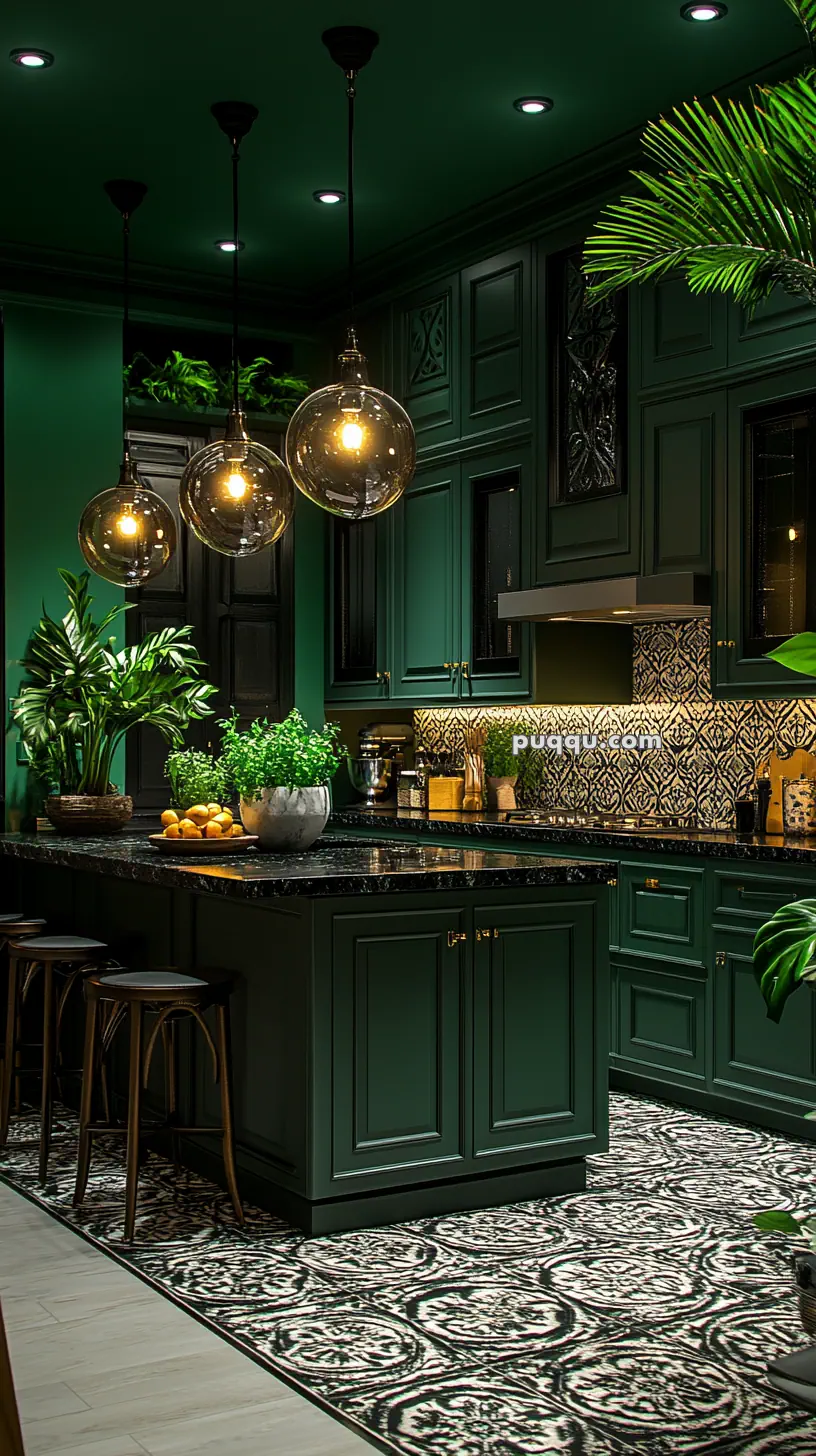 A dark green kitchen with pendant lights, ornate patterned rug, black countertops, and lush indoor plants.