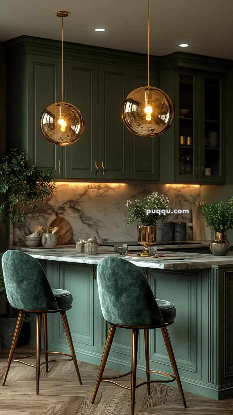 Elegant kitchen interior with green cabinets, marble countertop, and modern pendant lights. Velvet bar stools and decorative plants enhance the decor.