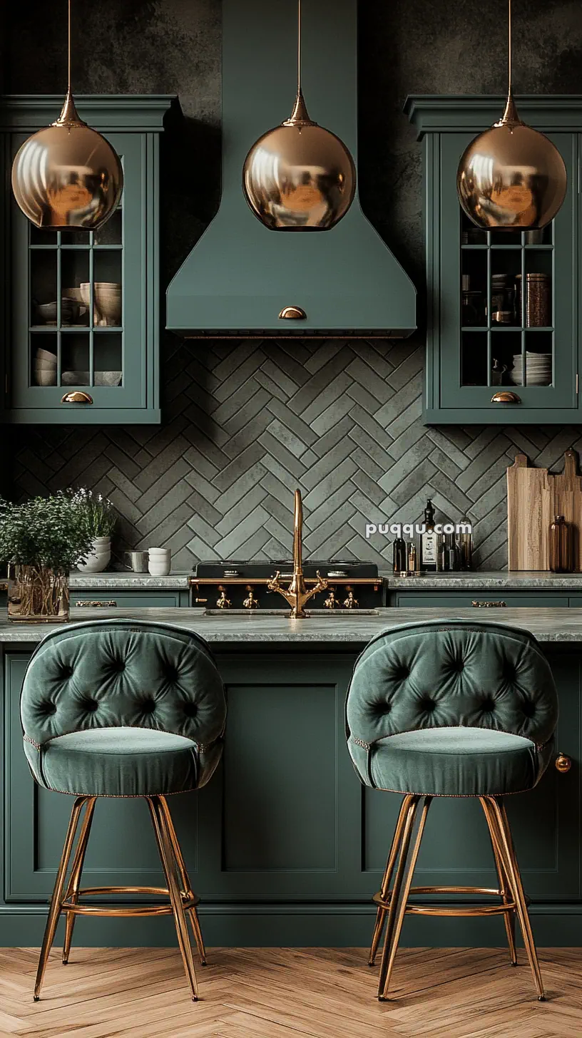 Elegant kitchen with dark green cabinets, copper fixtures, and round tufted stools.