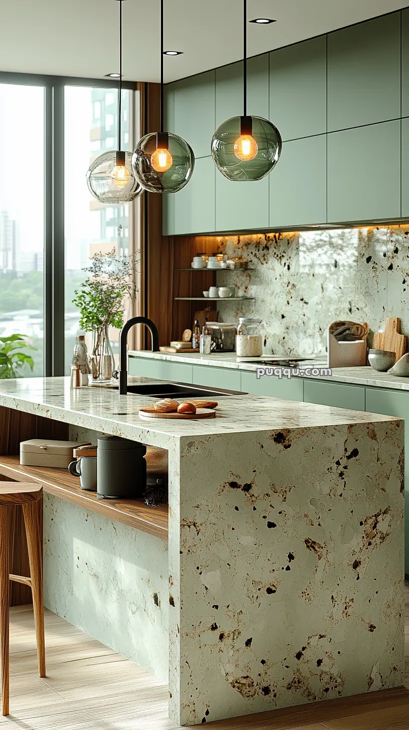 Modern kitchen with textured countertops, pendant lights, wooden accents, and a large window.