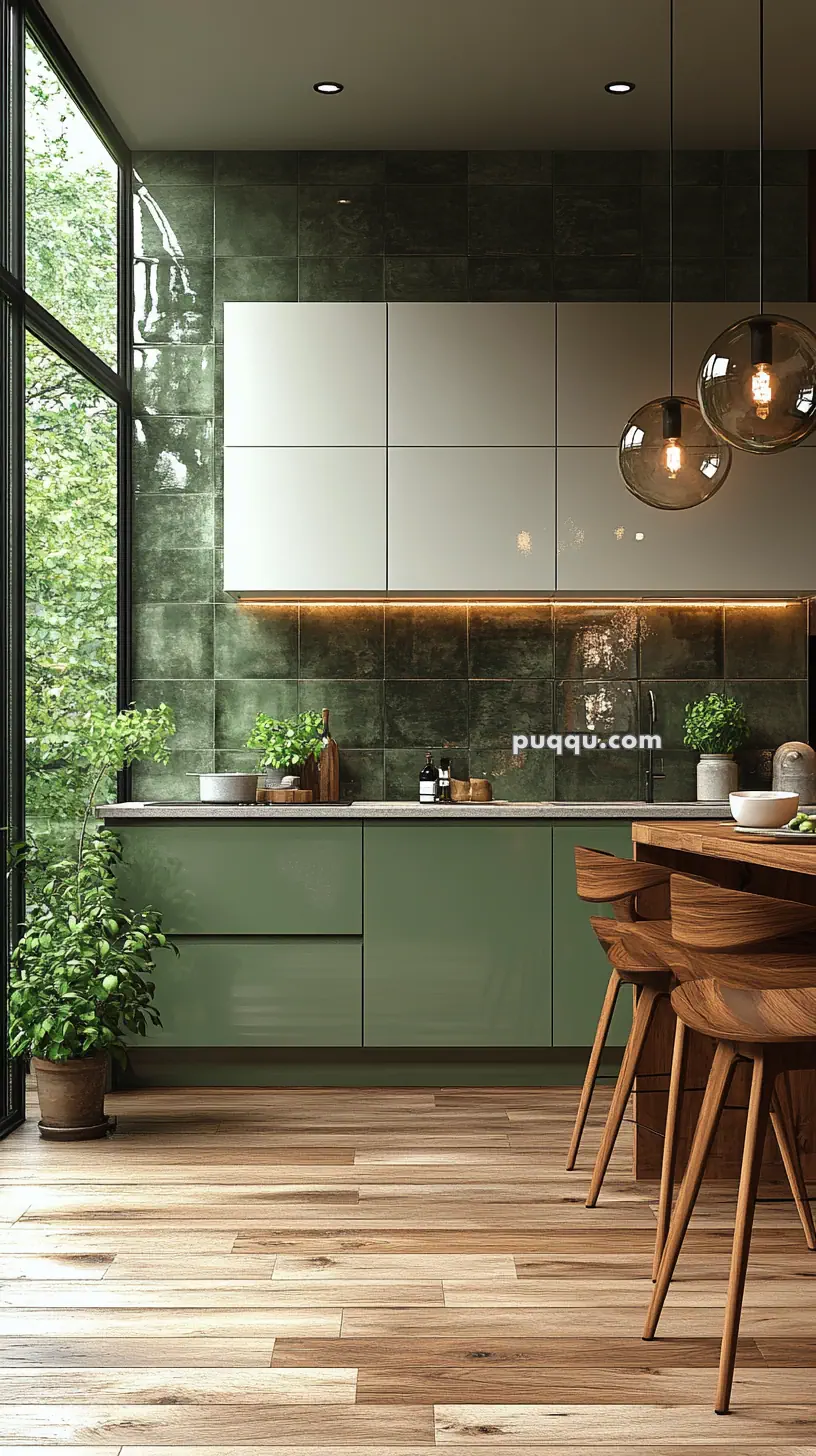 Modern kitchen with green cabinets, wood flooring, large windows, and hanging pendant lights.