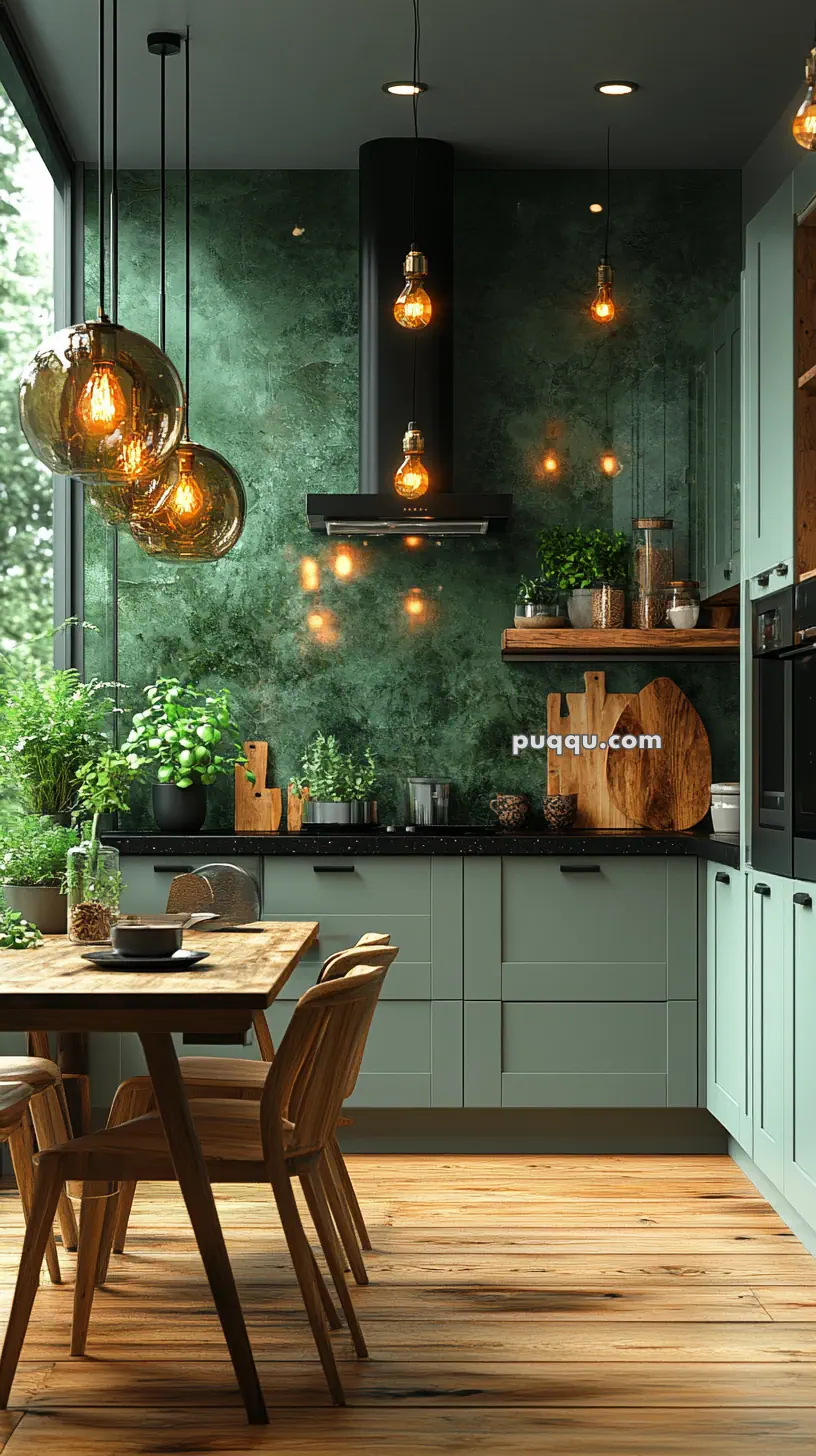 Modern kitchen with a green marble backsplash, wooden floor, hanging light bulbs, and potted plants on the counter and shelves.