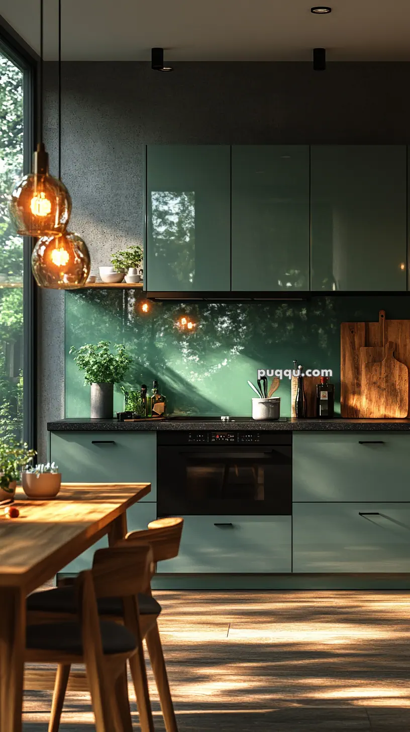 Modern kitchen with teal cabinets, wooden table and chairs, hanging pendant lights, and a green backsplash reflecting light.