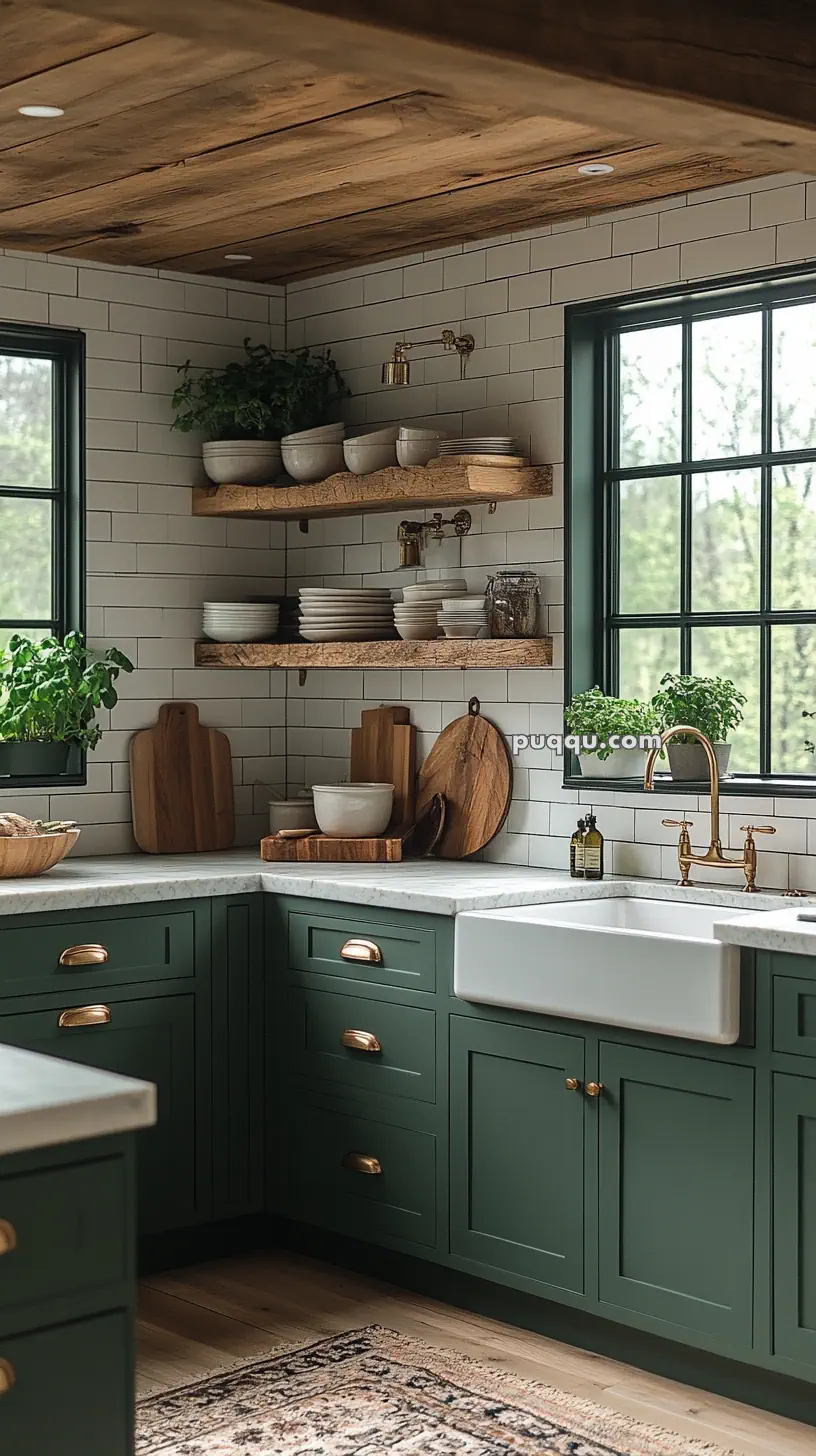 A rustic kitchen with green cabinets, a farmhouse sink, wooden shelves holding dishes, large windows, and potted plants.