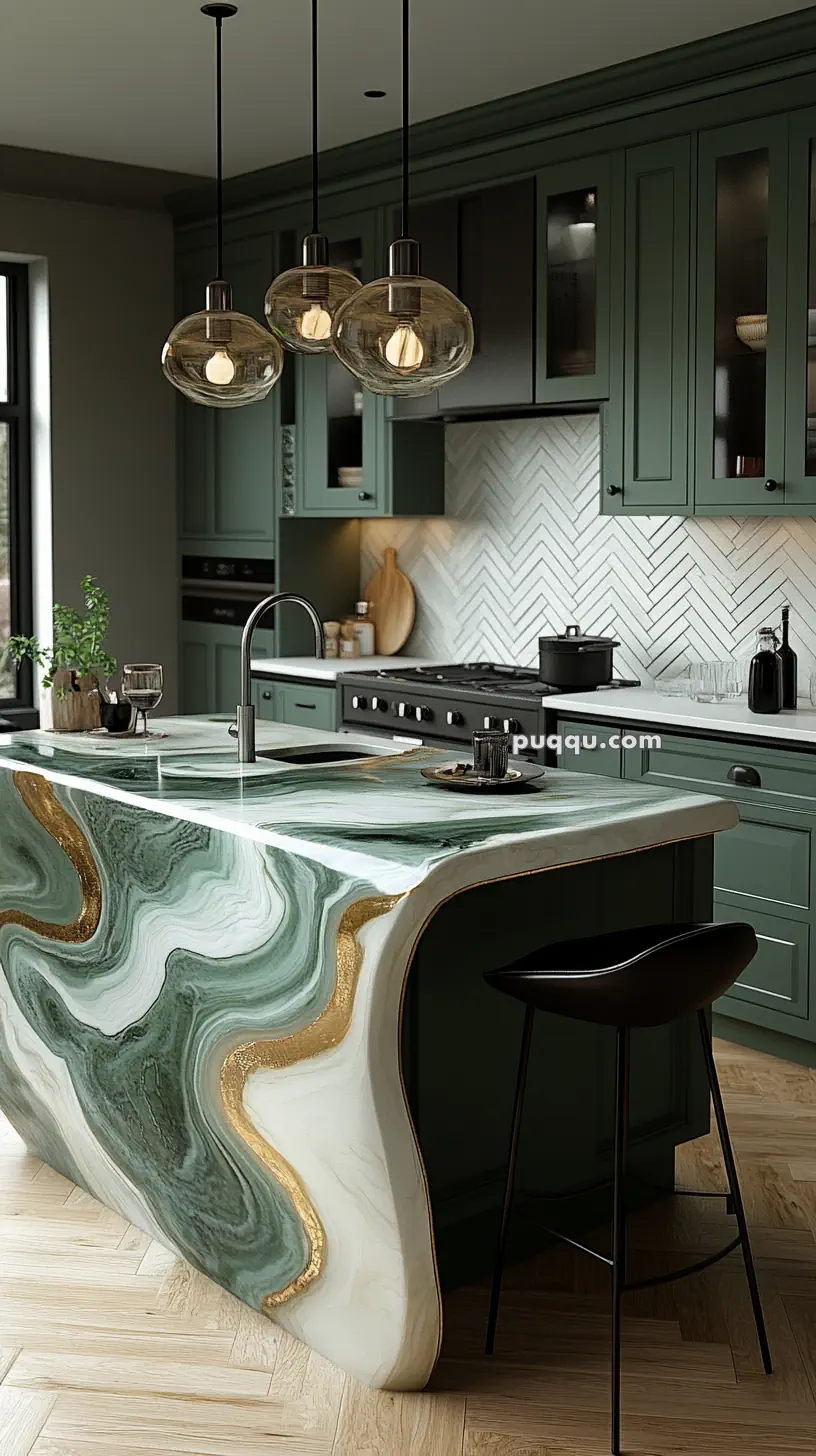 Luxurious kitchen with green cabinetry, a marble island featuring swirling green and gold patterns, modern pendant lights, and a herringbone backsplash.