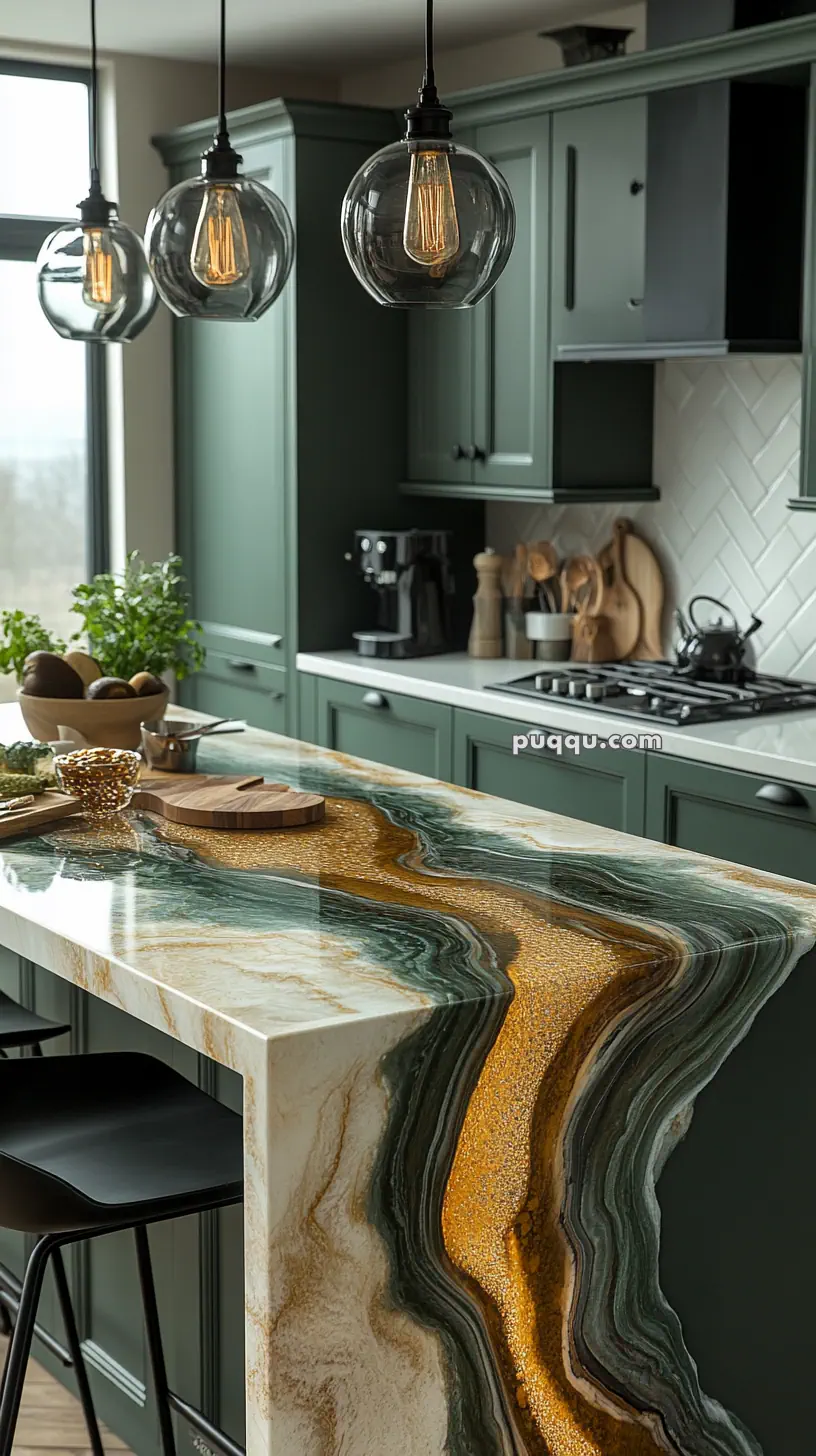 Modern kitchen with green cabinets, a marble island featuring swirling patterns of green and gold, pendant lights, and kitchen utensils on the counter.