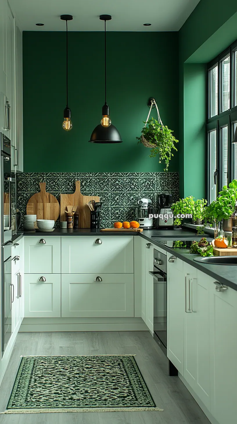 Modern kitchen with green walls, patterned backsplash, white cabinets, and black countertops. Hanging pendant lights, potted herbs, and kitchen appliances are visible.