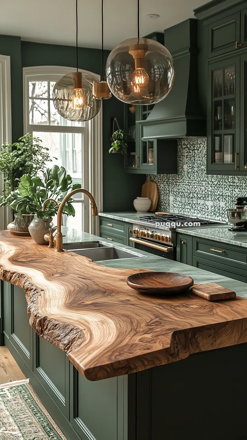 Rustic kitchen with dark green cabinets, a live-edge wooden countertop, globe pendant lights, and decorative tile backsplash.