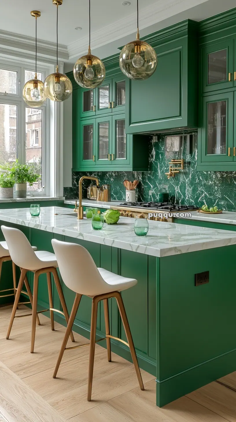 Modern kitchen with green cabinets, marble countertops, and gold accents, featuring pendant lights and high-back chairs.