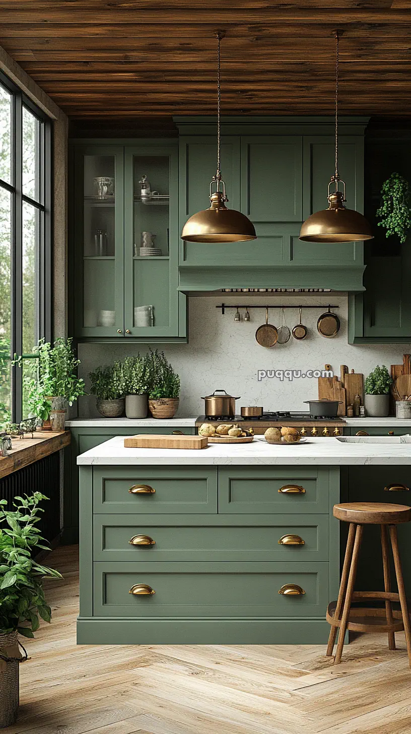 A cozy kitchen with green cabinets, wooden counters, hanging pendant lights, and potted plants by the window.