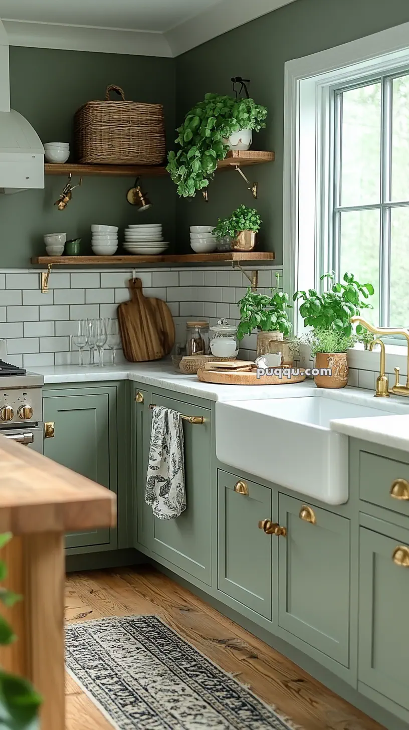 A cozy kitchen with sage green cabinets, a farmhouse sink, and gold hardware. It features wooden shelves with dishes and potted plants, a white subway tile backsplash, and a window with natural light.