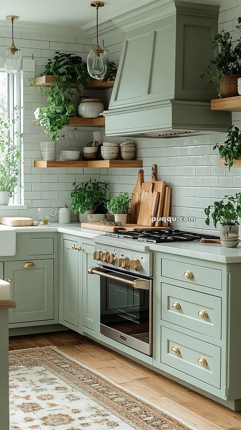 Stylish kitchen with light green cabinets, gold hardware, open shelves with potted plants and dishes, white subway tile backsplash, and a rug on wooden floor.