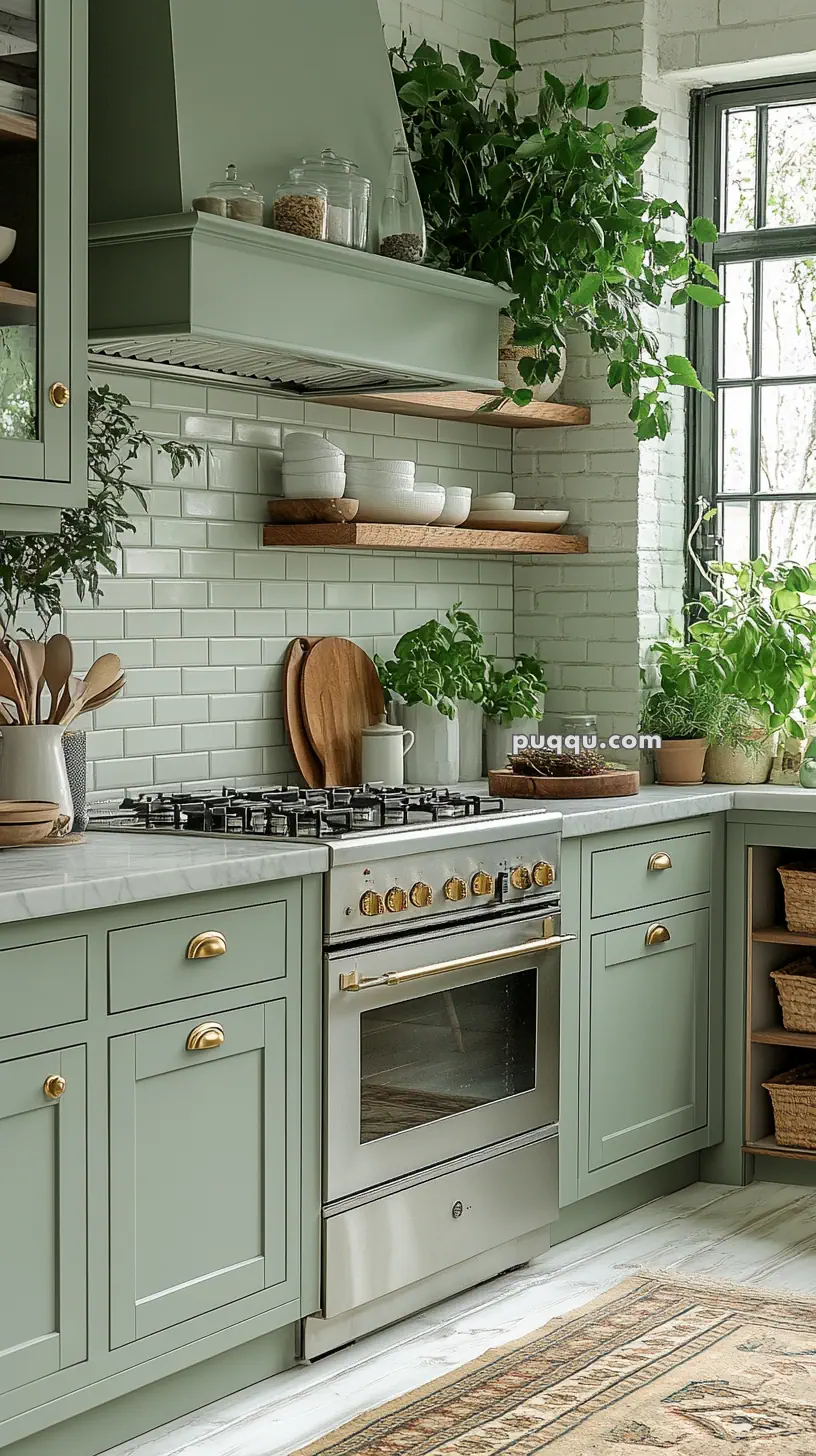 A modern kitchen with mint green cabinets, a stainless steel oven, white subway tile backsplash, wooden shelves, and green plants.