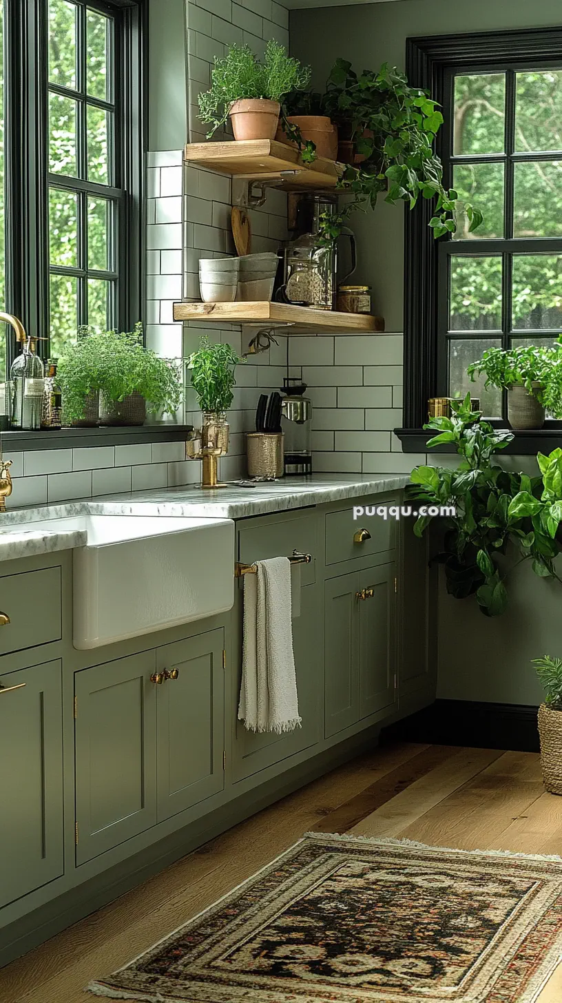 Modern kitchen with green cabinets, white farmhouse sink, potted plants, and wooden shelves displaying kitchen items against white subway tile backsplash.