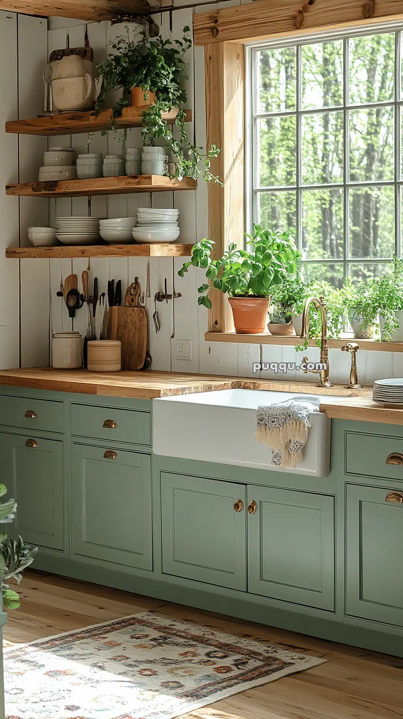 A rustic kitchen with green cabinets, wooden countertops, and open shelves holding dishes and plants. A farmhouse sink is under a window with a view of trees.