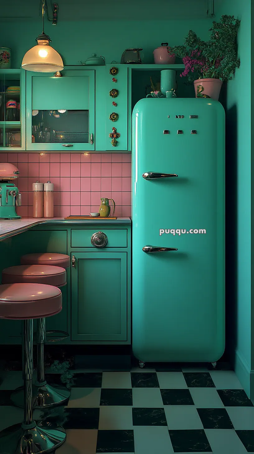 Retro-style kitchen with teal cabinets and appliances, pink tiles, pink bar stools, and a black-and-white checkered floor.