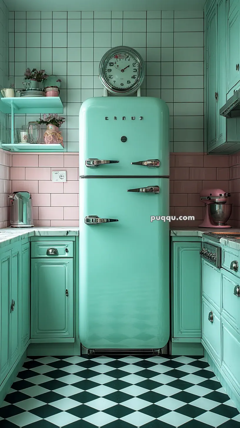 Retro-style mint green kitchen with a vintage fridge, checkered floor, and pink tiled walls.