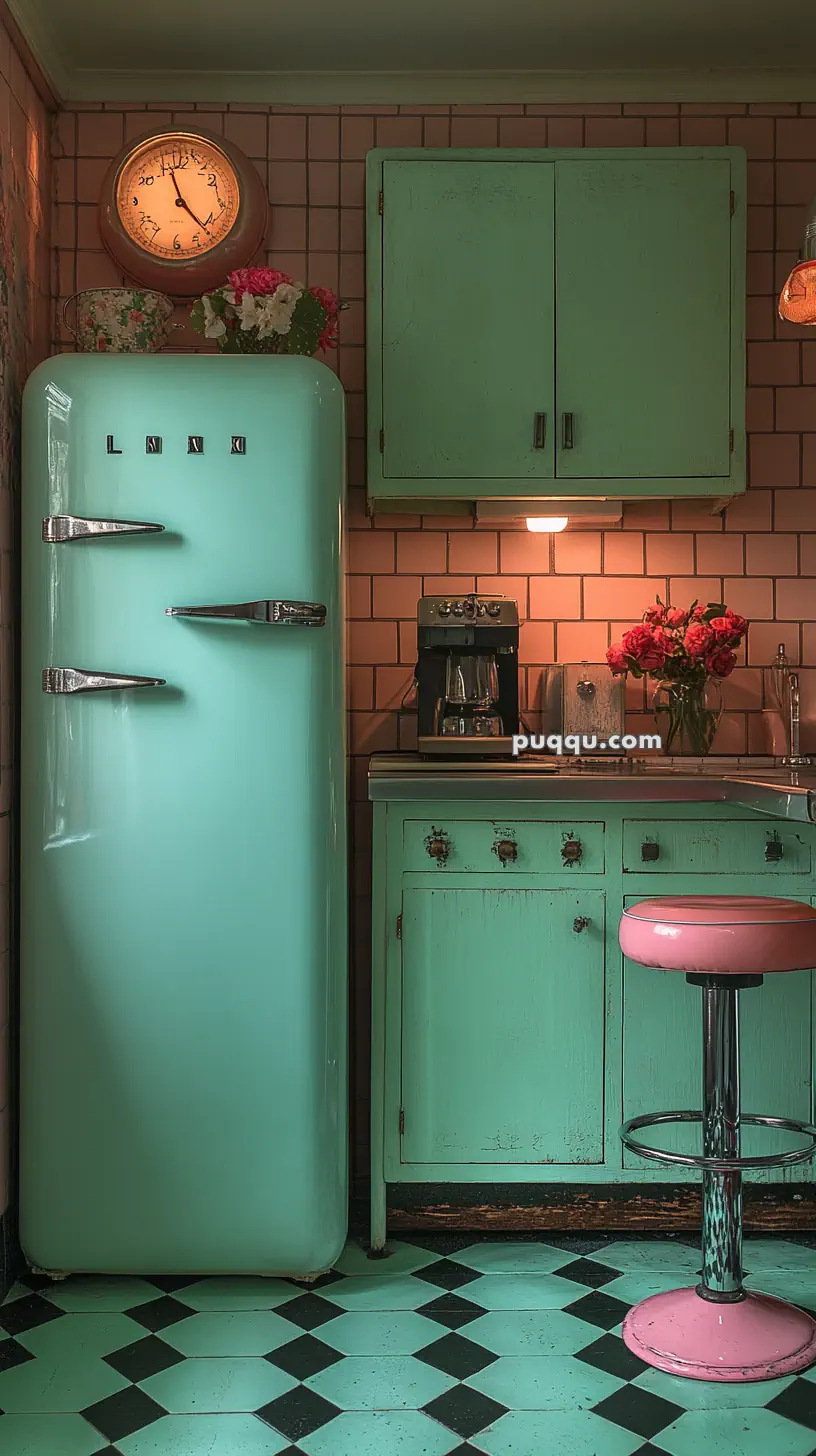 A retro kitchen with mint green cabinets and refrigerator, pink stool, black-and-green checkered floor, wall clock, and flowers on the counter.