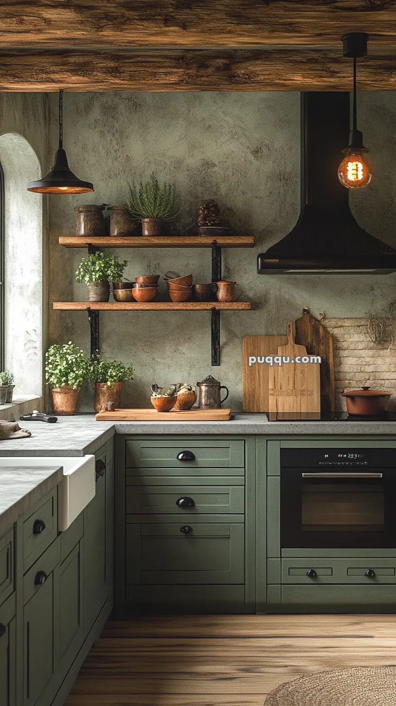 Rustic kitchen with green cabinets, open wooden shelves with potted plants, a farmhouse sink, and exposed wooden beams.