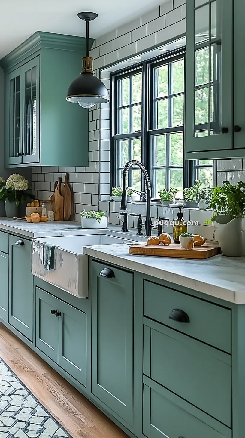 A kitchen with green cabinets, a farmhouse sink, white subway tiles, potted plants, and a wooden countertop with cutting boards under black pendant lighting.